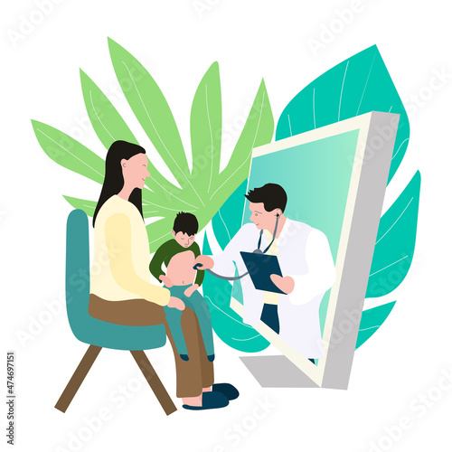 flat banner concept about mother with child consulting online with doctor