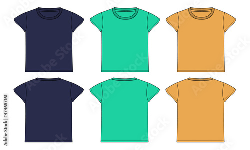 Multicolor colors Short sleeve basic t shirt vector template for ladies and baby girls. Technical fashion flat sketch, crew neckline illustration mock up front, back views isolated white background.