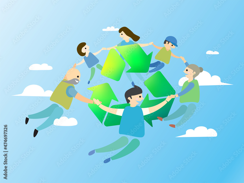 Fototapeta premium Family hold hand and around the recycling symbol to show the support of environmental protection vector illustrator graphic EPS 10
