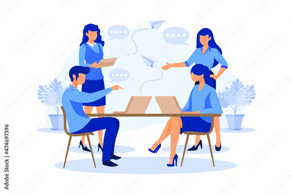 workers are sitting at the negotiating table, collective thinking and brainstorming, company information analytics flat design modern illustration workers are sitting at the negotiating table, collective thinking and brainstorming, company information analytics flat design modern illustration