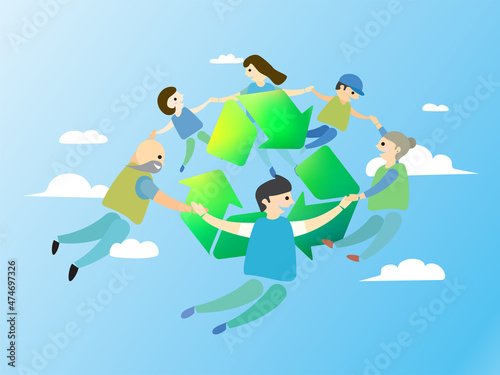 Family hold hand and around the recycling symbol to show the support of environmental protection vector illustrator graphic EPS 10