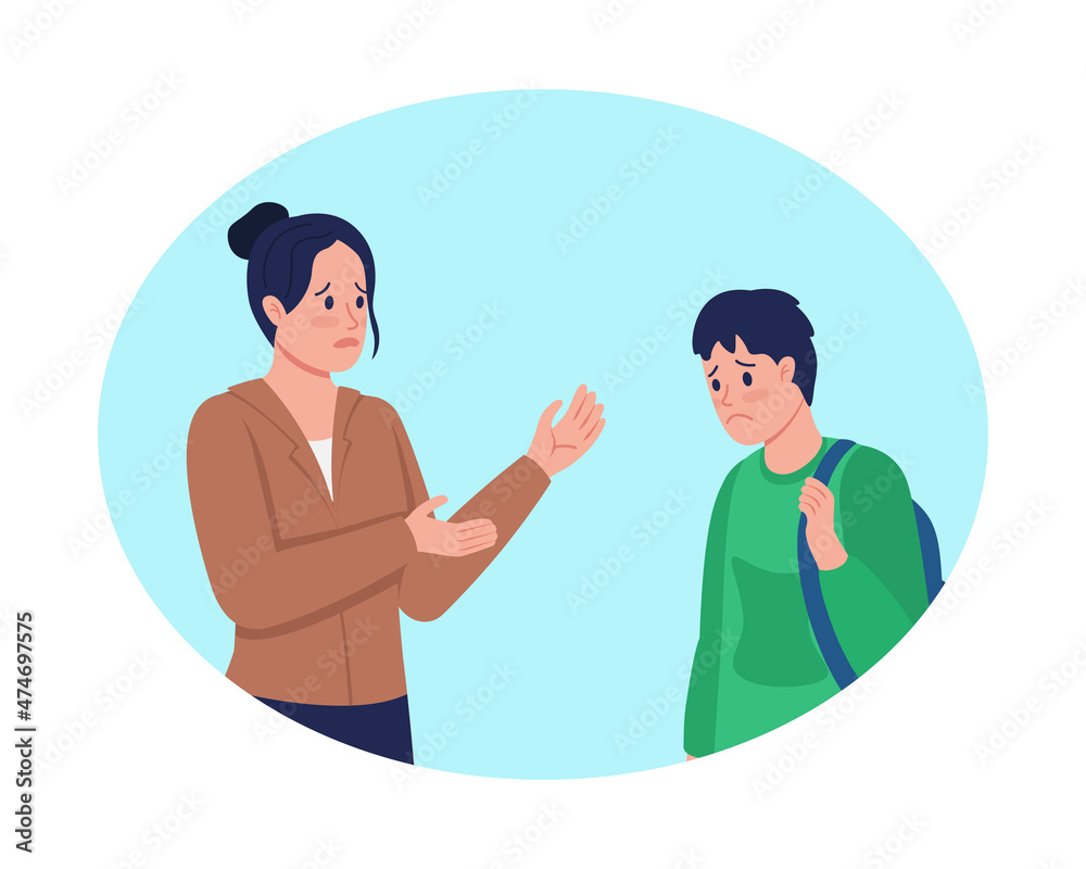 Having important conversation with teen 2D vector isolated illustration. Sad mother talking to son flat characters on cartoon background. Talking with kid about serious issues colourful scene Having important conversation with teen 2D vector isolated illustration. Sad mother talking to son flat characters on cartoon background. Talking with kid about serious issues colourful scene