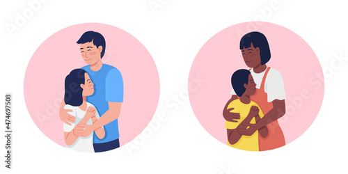 Receiving warmth from parent 2D vector isolated illustration set. Mother and father hugging children flat characters on cartoon background. Expressing love and support colourful scene collection