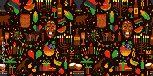 Kwanzaa seamless pattern of Africa with traditional colored and symbols. Brown exotic background.