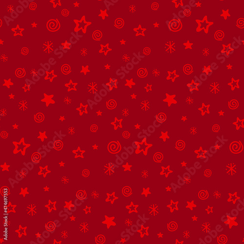Christmas pattern. Red elements on dark red background. Hand drawn doodle seamless pattern. Template for a Merry Christmas greeting card, stickers and posters