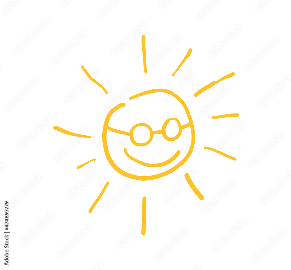 Sun symbol. Hand drawn smiling cute sun icon illustration. Doodle cartoon morning summer sketch suns isolated on white background. Vector.