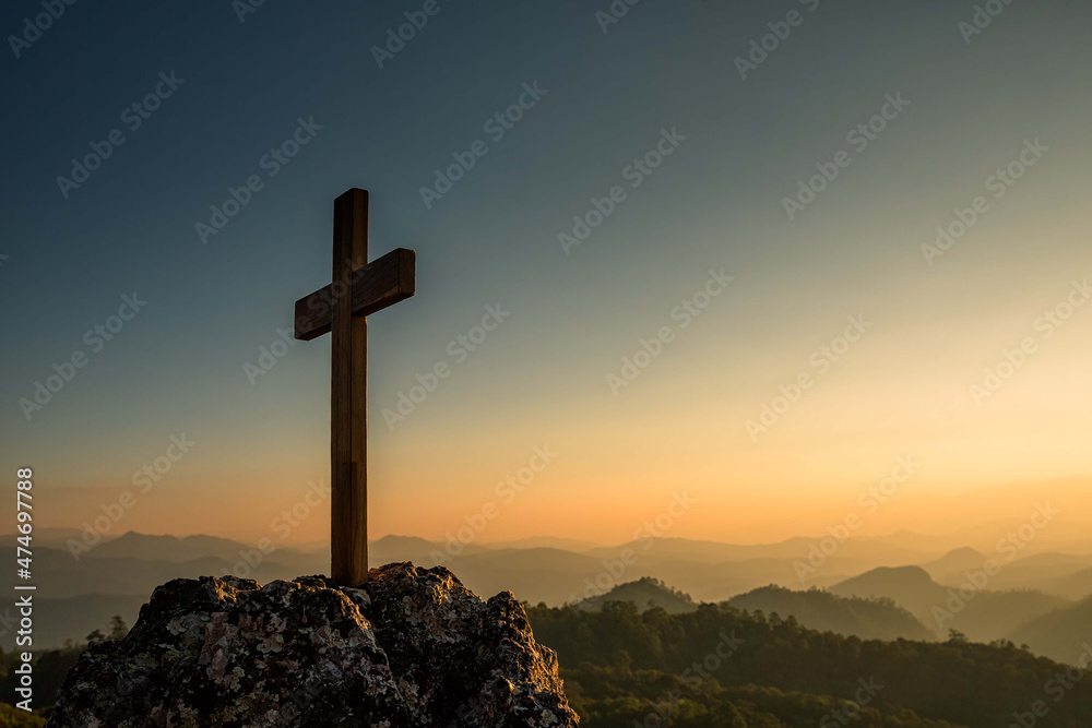 Christian cross on hill outdoors - obrazy, fototapety, plakaty 