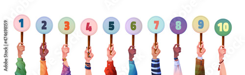 Male and female multi ethnic hands holding round cards or signs with numbers from 1 to 10. Vector votes of judges flat cartoon style. Amount of scores got in competition, tournament or contest