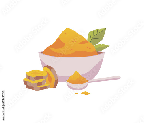 Orange curry powder in white bowl, sliced turmeric root, green leaf and spoon with curcuma spice vector package design