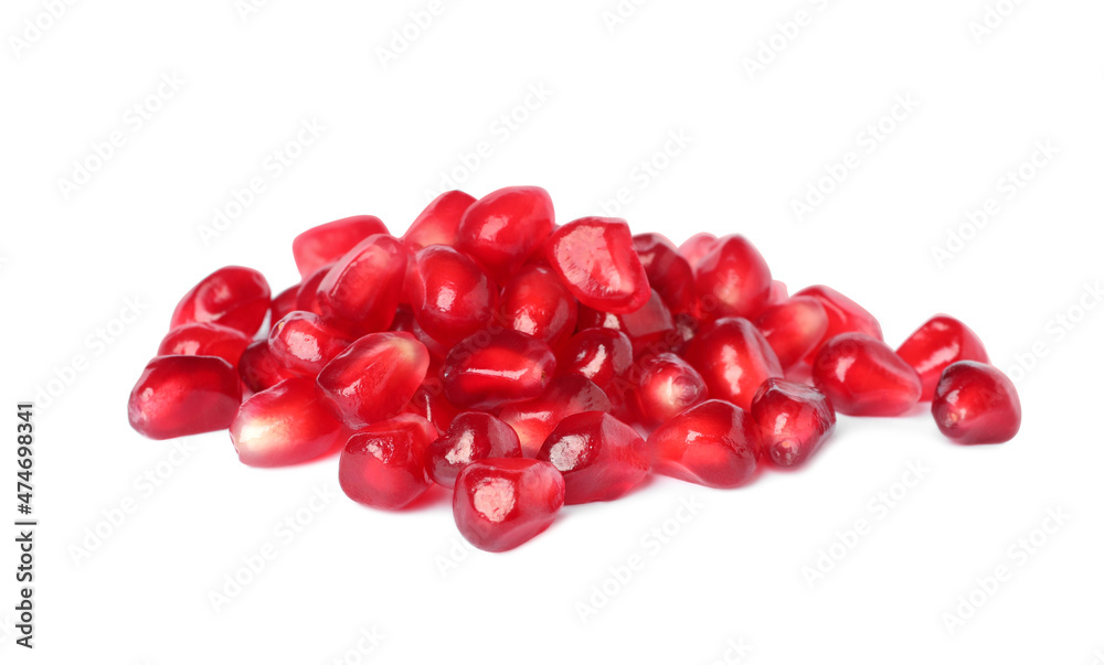 Pile of tasty pomegranate seeds on white background Pile of tasty pomegranate seeds on white background