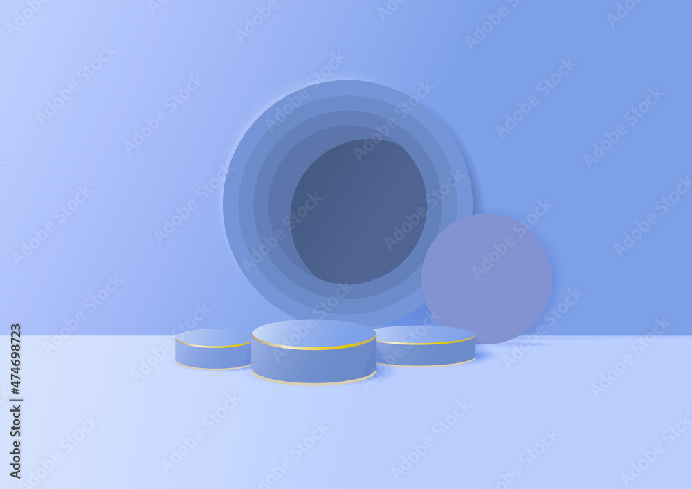 Display product podium. 3D realistic soft blue shape platform with circles overlap backdrop.