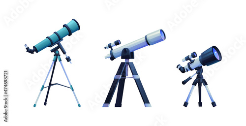Modern portable three legged telescopes set isolated astronomer equipment cartoon icon Fototapete