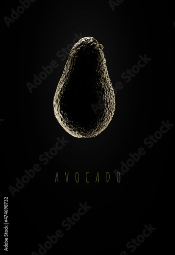 avocado with bright light at the contours on black background, vertically, silhouette of avocado, vegetable, abstract