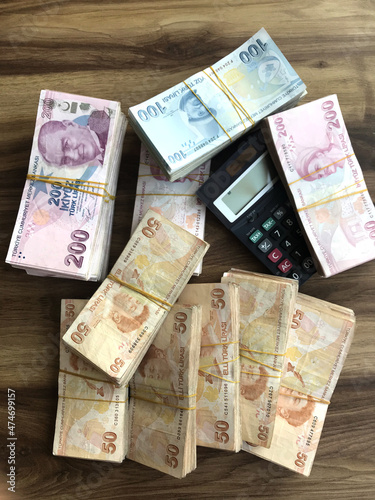 turkish lira banknotes on the table, 