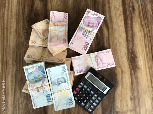 turkish lira banknotes on the table,  photo