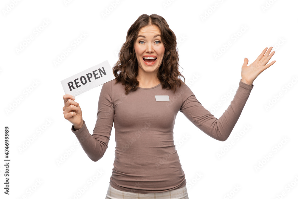 sale, shopping and business concept - happy female shop assistant with reopen sign and name tag over white background sale, shopping and business concept - happy female shop assistant with reopen sign and name tag over white background