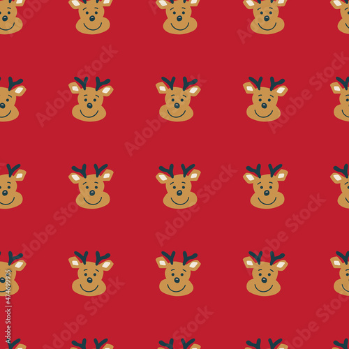 Cute Deer heads seamless vector pattern.Reindeer heads isolated on red background  vector illustration. Christmas kids design. Vector illustration for holiday fabric  childrens gift wrap.