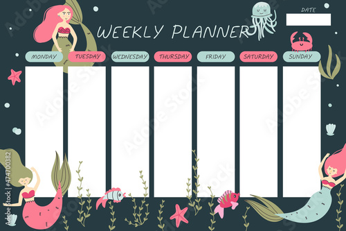 Weekly planner. Mermaid cartoon notebook sheet template, marine poster for girls, underwater childish stationery design, cute princess, seaweed and fishes, vector comic flat style isolated concept