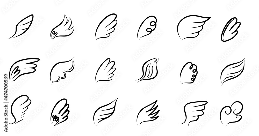 Wings. Hand drawn bird and angel outline elements. Angelic emblem, black pencil line drawing, icon collection, sketch style feather vector isolated set Wings. Hand drawn bird and angel outline elements. Angelic emblem, black pencil line drawing, icon collection, sketch style feather vector isolated set