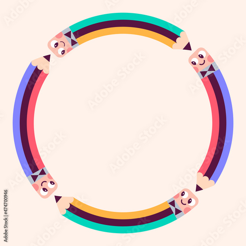 Frame with four pencils and placeholder. Funny characters with eyes, flat colorful objects. Round logo or illustration for office supplies. Concept of school friendship, students, university graduates