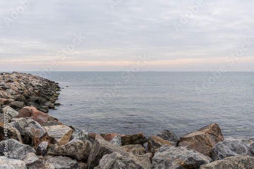 Scenic view Black sea from Odessa shore overcat day