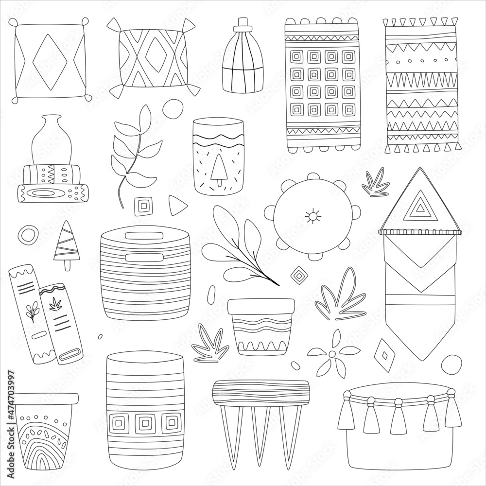Warm clipart collection with home boho decor. Vector illustration. Boho ...