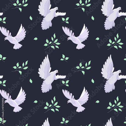 Dove flying and branch from a tree seamless vector pattern. Dove of peace. Dark background.