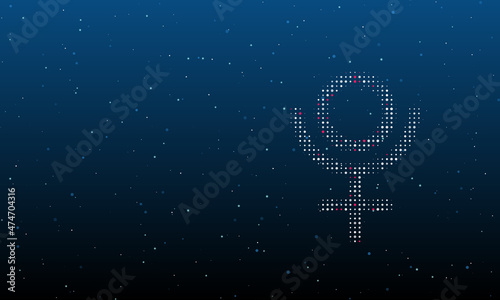 On the right is the astrological pluto symbol filled with white dots. Background pattern from dots and circles of different shades. Vector illustration on blue background with stars