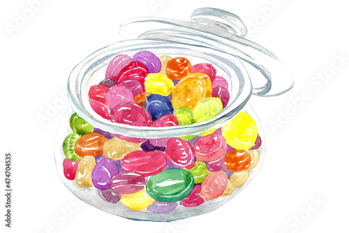 Candy sweets in a jar watercolor illustration. Isolated on white background..
