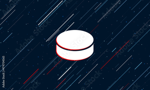 Large white hockey puck framed in red in the center. The effect of flying through the stars. Vector illustration on a dark blue background with stars and slanted lines