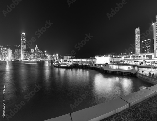 Panorama of Victoria harbor of Hong Kong city at night