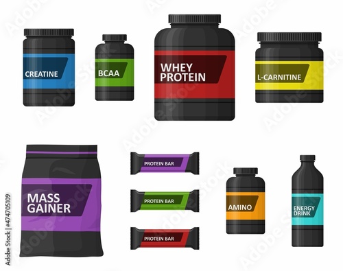 Sports nutrition containers packages, fitness protein power. Set of bodybuilding sport food. Jars and bottles with supplements for muscle growth. Gym icons, healthy lifestyle concept. Vector