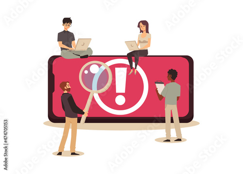 System failure, exclamation point on the red screen and workers around fixing the Network Error problem.