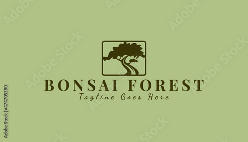 Vintage Bonsai Tree Logo Design Inspiration. Vector illustration of aesthetic bonsai and potted plants. Bonsai tree from chinese and japanese culture brand identity for Hotel retro brand logo.