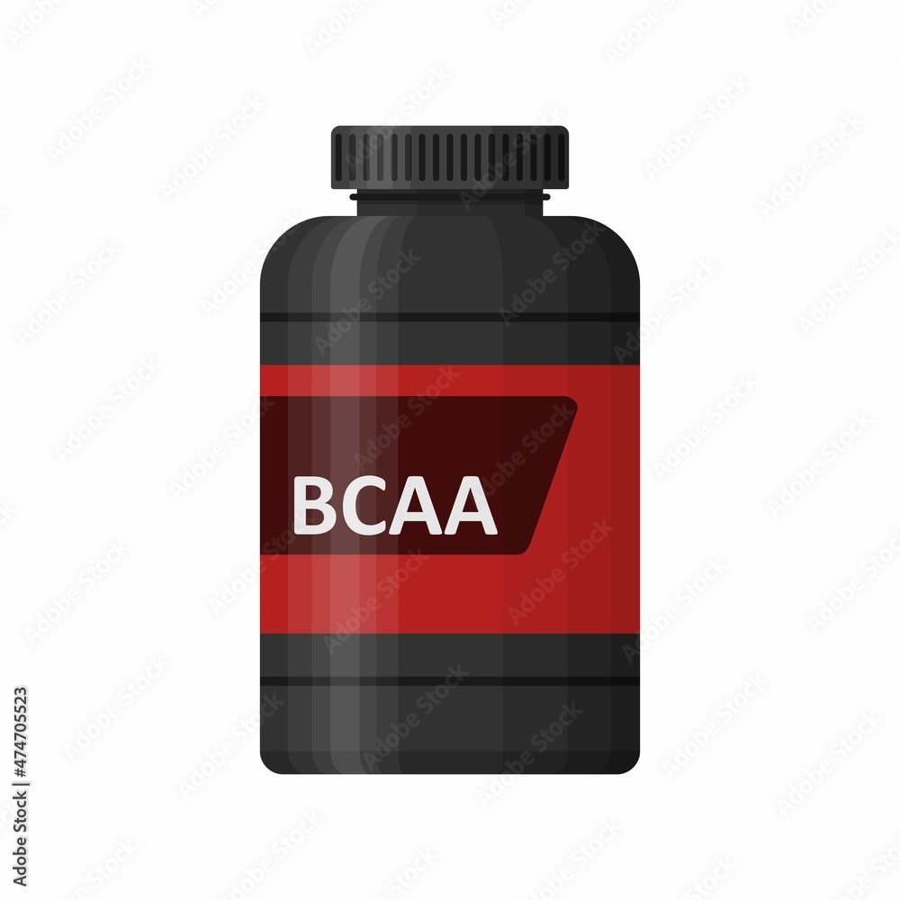 BCAA bottle isolated on white background. Sports nutrition icon container package, fitness supplements. Bodybuilding sport food. Jar with supplements for muscle growth. Gym vector illustartion BCAA bottle isolated on white background. Sports nutrition icon container package, fitness supplements. Bodybuilding sport food. Jar with supplements for muscle growth. Gym vector illustartion