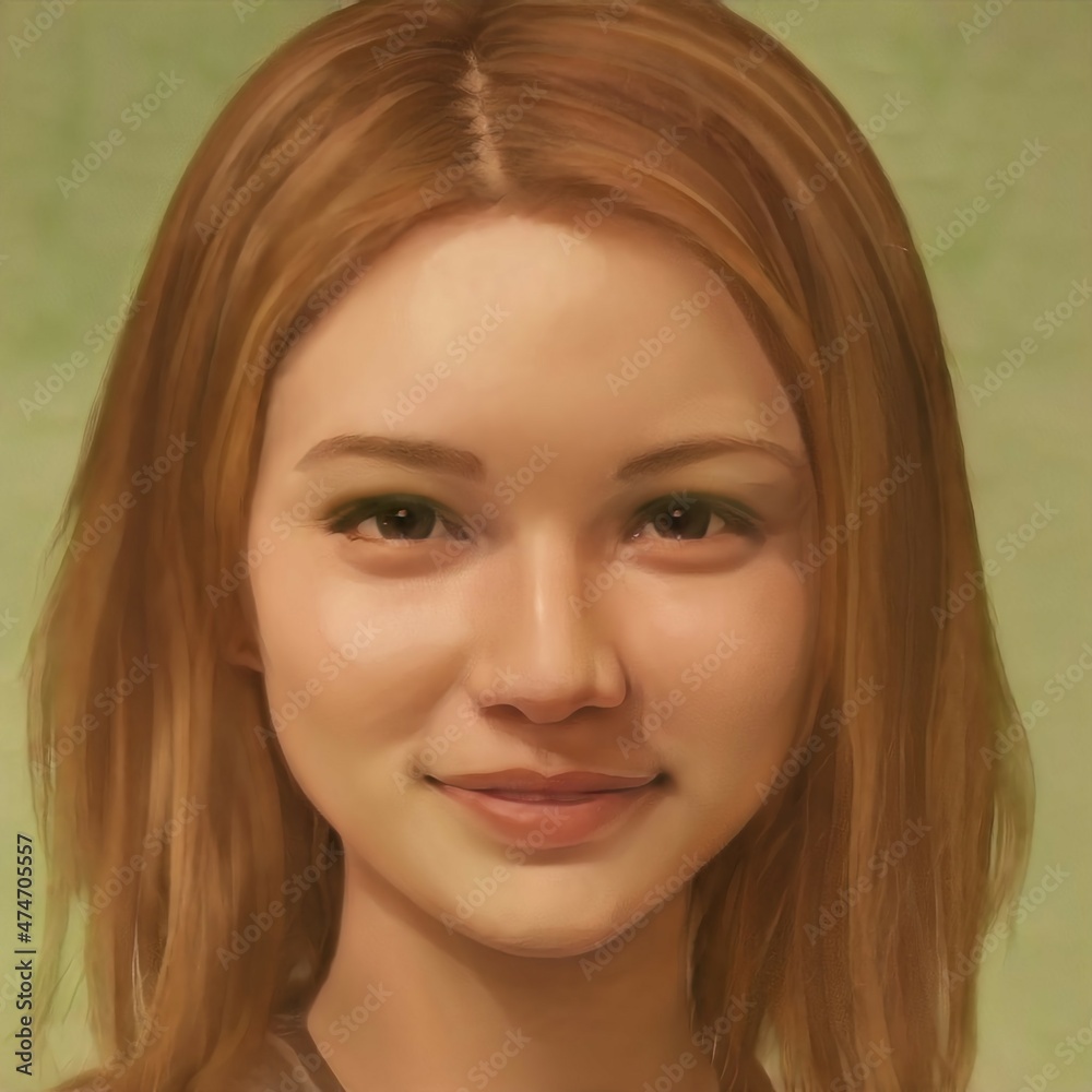 Illustration of a girl with brown hair in moss green. Digital art.
