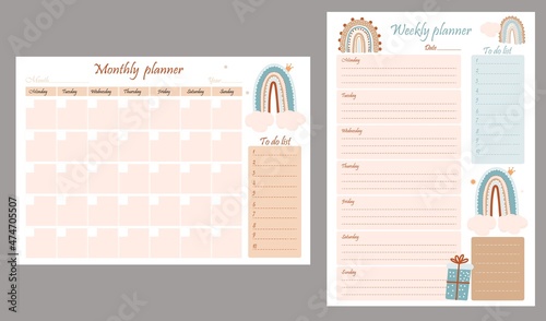 Set Cute planner templates - for week, month, to-do list. Scandinavian style organizer and schedule with notes and to do with rainbows and gifts. Vector illustration A4. Stationery, kids collection 
