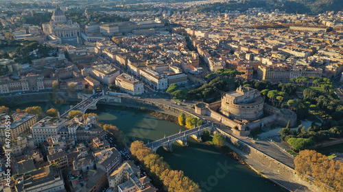 Canvas Print Aerial drone view of iconic Castel Sant'Angelo (castle of Holy Angel) and Ponte
