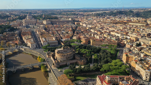 Sticker Aerial drone view of iconic Castel Sant'Angelo (castle of Holy Angel) and Ponte