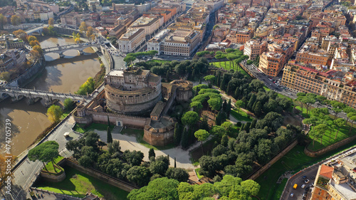 Leinwand Poster Aerial drone view of iconic Castel Sant'Angelo (castle of Holy Angel) and Ponte