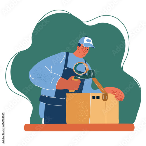 Vector illustration of manual worker at production line dealing with boxes