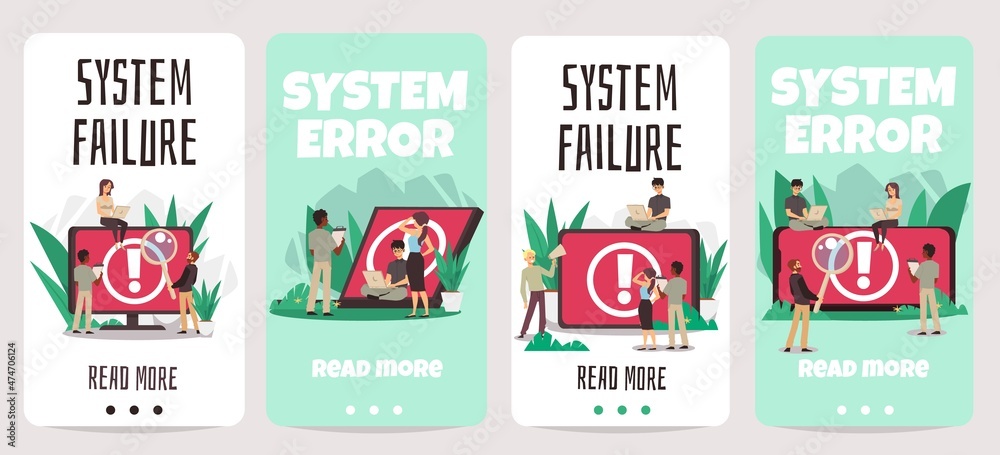 System Failure alert or sign on computer and laptop screen, vector illustration set. People with laptops fix problem.