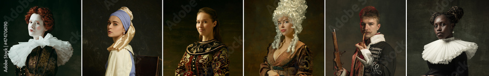 © master1305 - Medieval people as a royalty persons in vintage clothing on dark background. Concept of comparison of eras, modernity and renaissance, baroque style.