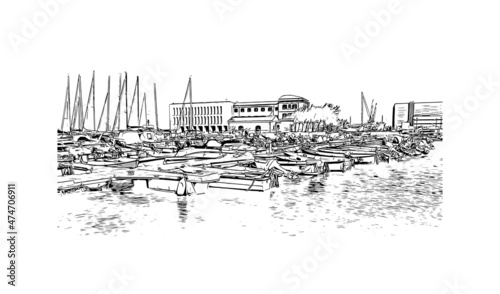 Building view with landmark of Livorno is the 
city in Italy. Hand drawn sketch illustration in vector.
