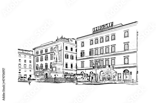 Building view with landmark of Livorno is the 
city in Italy. Hand drawn sketch illustration in vector.