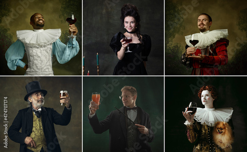 Multi Ethnic people in image of medieval royalty persons in vintage clothing with drinks on dark background. Concept of comparison of eras photo