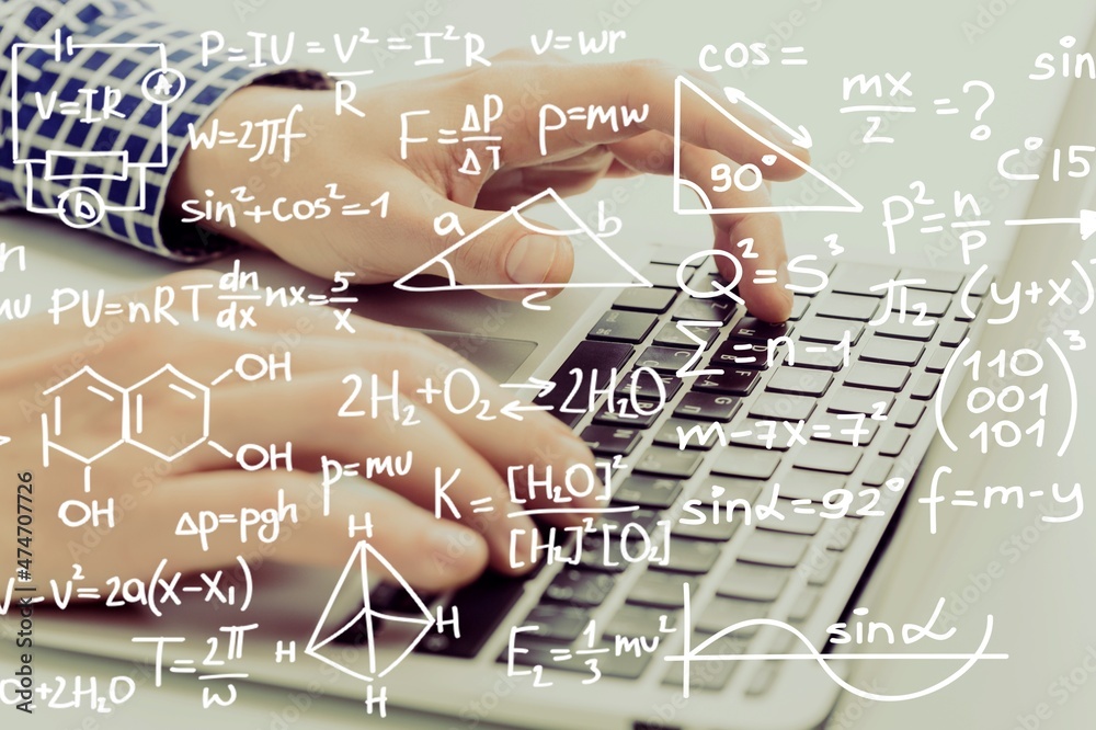 Naklejka premium Double exposure of creative concept with hands typing on laptop on background, research and development concept