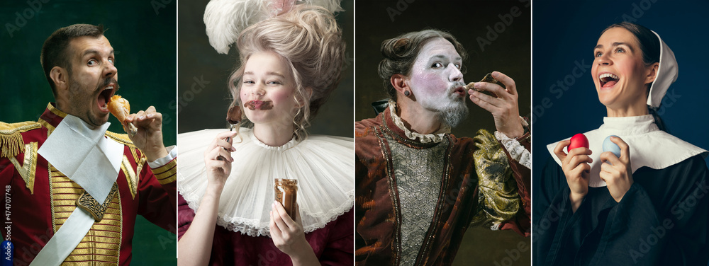 Obraz premium Medieval women and men as persons from famous artworks in vintage clothing on dark background. Concept of comparison of eras
