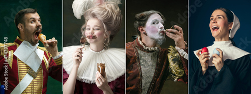 Foto Medieval women and men as persons from famous artworks in vintage clothing on dark background