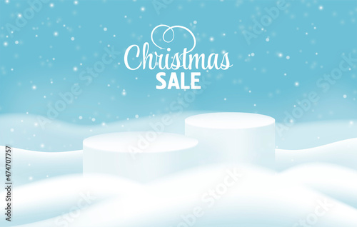 Christmas Winter Product podium on the background of drifts, snowflakes and snow. Realistic product podium for Christmas winter and christmas discount design, sale. Vector illustration EPS10